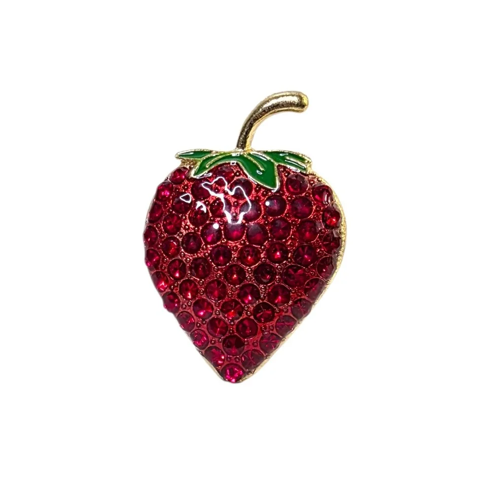 Red Rhinestone Strawberry Brooch Enamel Fruit‎ Pin Whimsical Cottagecore